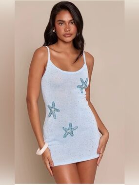 Blue sequin knit embroidered mini dress